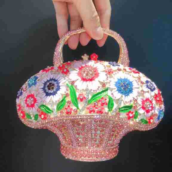 Túi clutch cầm tay giỏ hoa đính kim cương phong cách Hàn Quốc — Phấn màu/Hoa Hồng chi tiết 20