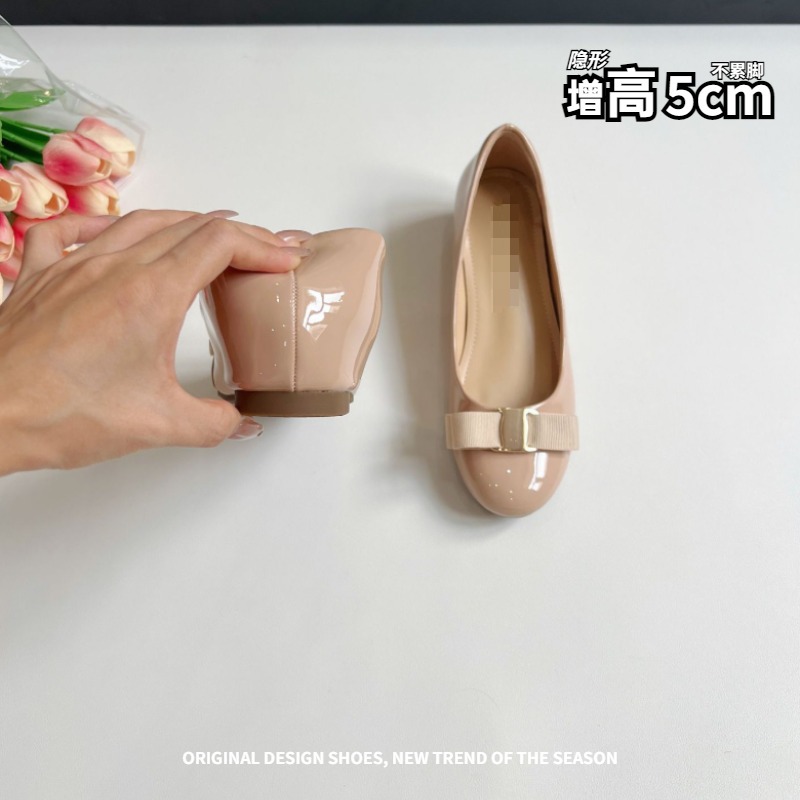 Cbd Female Elite ~ Classic Style Bow Shallow Mouth with Increased Height 5cm Round Toe Ballet Flats for Women Accessible Luxury Flats Shoes