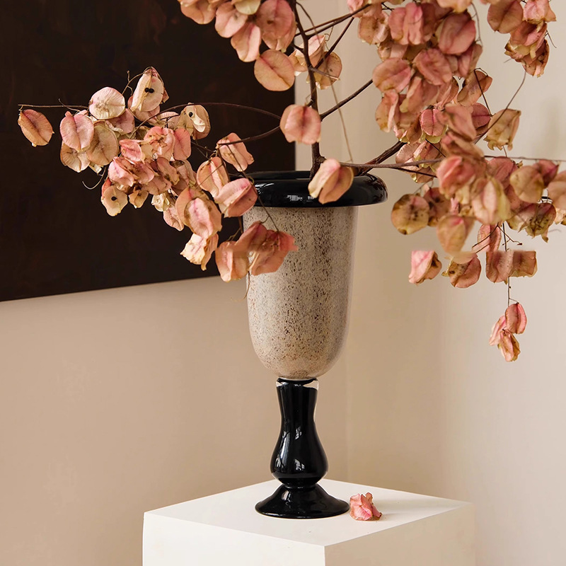 中古花瓶稀有洒银高脚肌理新中式侘寂高级艺术手工琉璃花器摆件