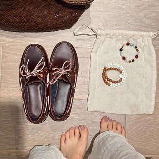 Sheepskin version ~ early autumn new round head lace-up flat loafers women's genuine leather retro versatile single-layer shoes bean shoes