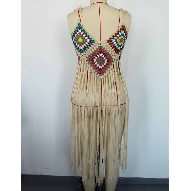 Sexy Hand Crocheting Tassel Mid Length Bohemian White Beach Dress in Dresses