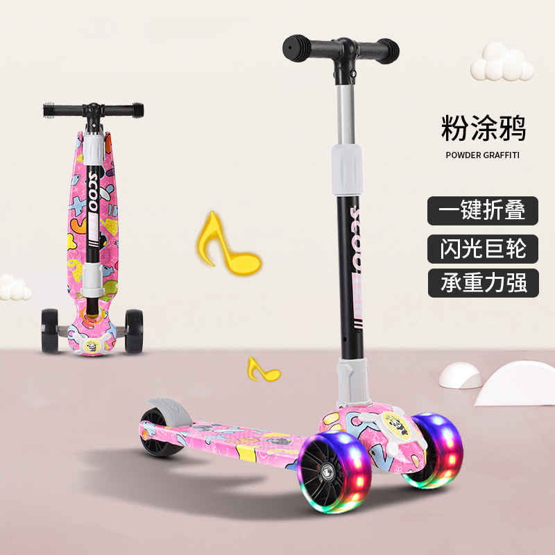 Los niños de graffiti scooter niños y niñas de la música del bebé Scooter de luz resistente a la caída de 2-12 años de edad coche plegable