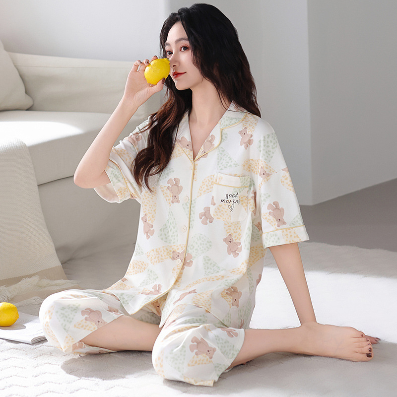 Pijama de algodón delgado para mujeres de verano de manga corta set de pantalones de siete puntos de lazos de mediana edad y la ropa del hogar de verano más grande
