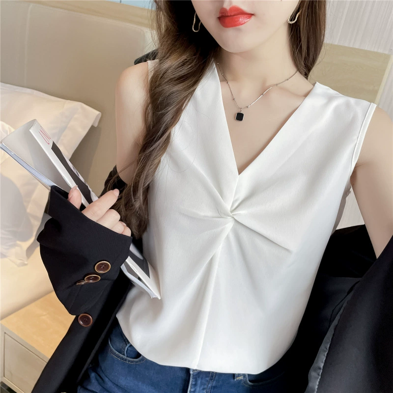 Настоящая съемка! Дизайнерский нишевый женский летний костюм-бретелька, внутренний слой, шифоновый топ без рукавов с v-образным вырезом для верхней одежды