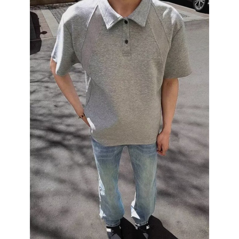 American-Style Right-Shoulder Polo Shirt Short-Sleeved T-Shirt Men's Summer Spliced ​​Lapel Shirt Heavy Stiff Boxy Style Top