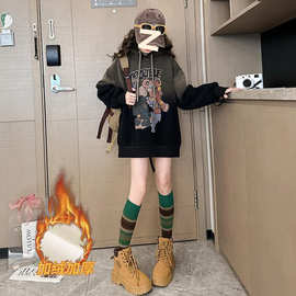 女童冬装加绒加厚连帽卫衣2024新款中大童韩版一体绒中长款T恤裙