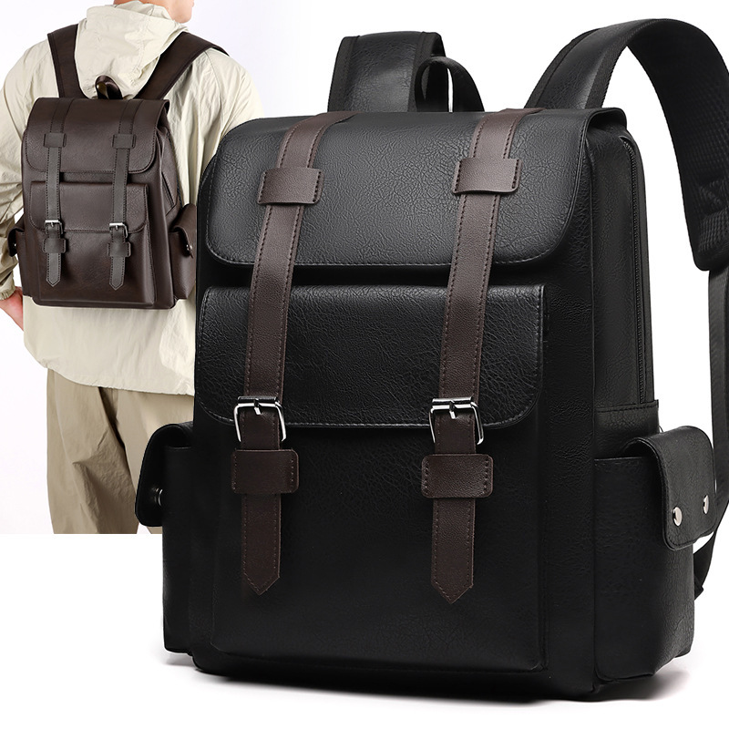 Cross-border Amazon British Retro Soft PU Leather Backpack Casual Large Capacity Travel Belt Buckle Backpack