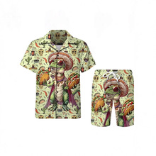 欧美衬衫亚马逊3D印花极简衬衣T恤短袖短裤沙滩套装男士透气抗菌