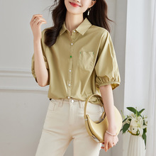 棉茧 卡其色衬衫女五分袖2025夏季新款翻领上衣泡泡袖休闲衬衣
