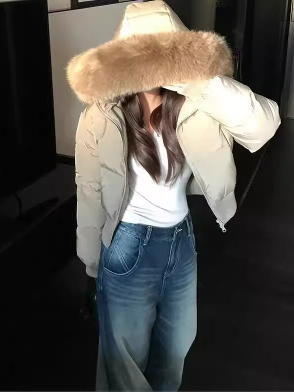 芬兰雪境 冬季毛领连帽收腰加厚短款羽绒棉服女|undefined