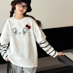 Girls T-Shirt Long-Sleeved Autum 2025 New Kidsren's Loose Casual Pure Cotton Versatile Cartoon Bottoming Shirt Trbottomy Top