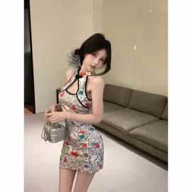 辣妹无袖紧身包臀印花旗袍式粉色纯欲国风连衣裙女开叉包臀连衣裙