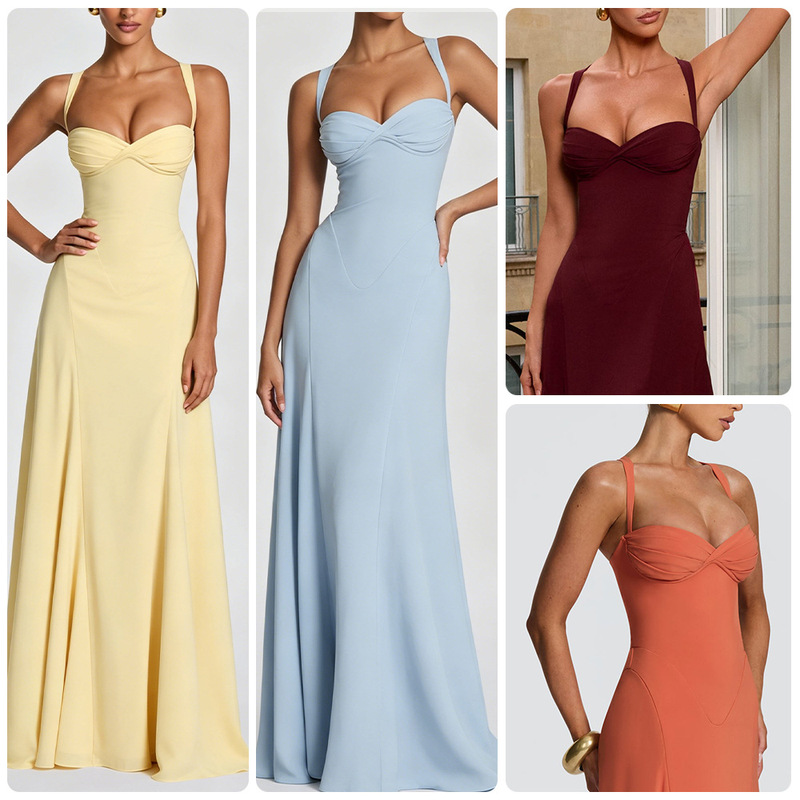 Amazon Foreign Trade 2026 European and American New Style Twisted Strapless Dress Slim-Fit Spaghetti Strap Long Dress for Banquets and Weddings Amazon Foreign Trade 2026 European and American New Style Twisted Strapless Dress Slim-Fit Spaghetti Strap Long Dress for Banquets and Weddings