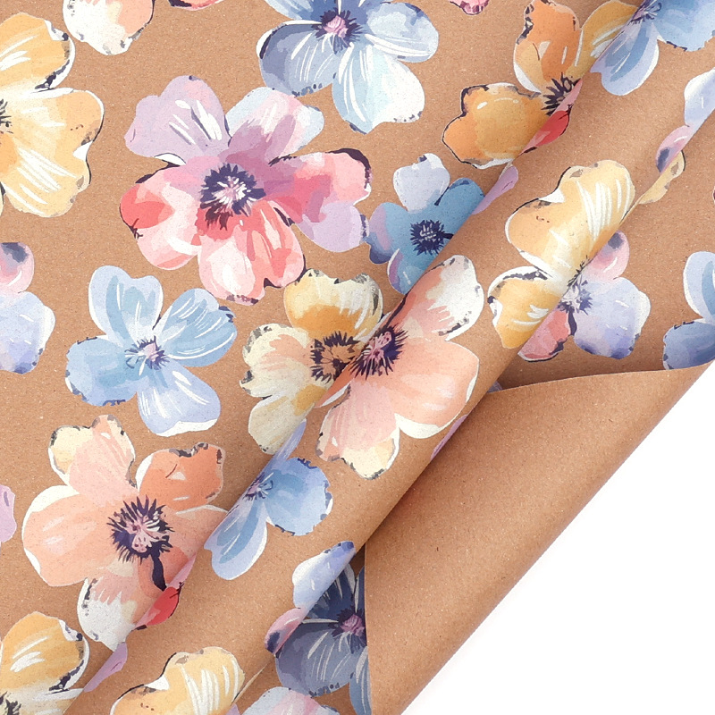 Papel de Regalo Kraft Impreso con Flores Estilo Pintado a Mano para Regalos de Cumpleaños