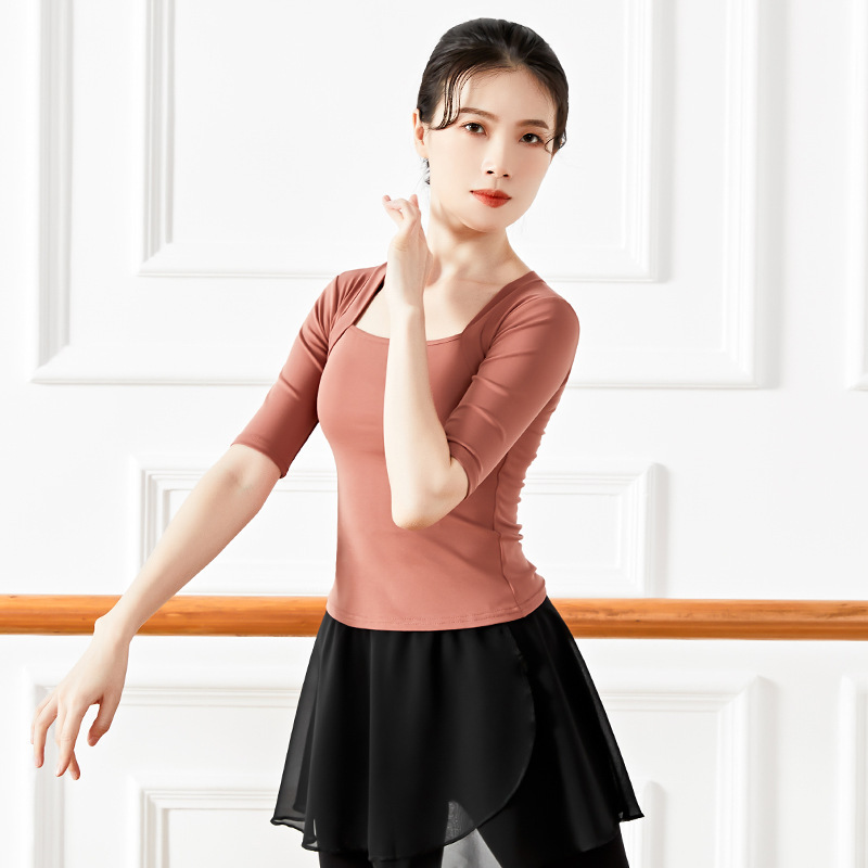 女性用ダンス練習服 大人用 レトロバレエ風 教師用体操服 中袖 練習用ツーピース風トップス|undefined
