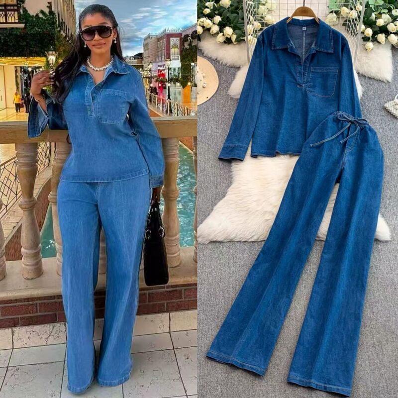 2025 New Casual Loose Denim V Neck Long-Sleeved Top + Elastic Lace-Up High-Waist Slimming Look Wide-Leg Pants Two-Piece Set 2025 New Casual Loose Denim V Neck Long-Sleeved Top + Elastic Lace-Up High-Waist Slimming Look Wide-Leg Pants Two-Piece Set