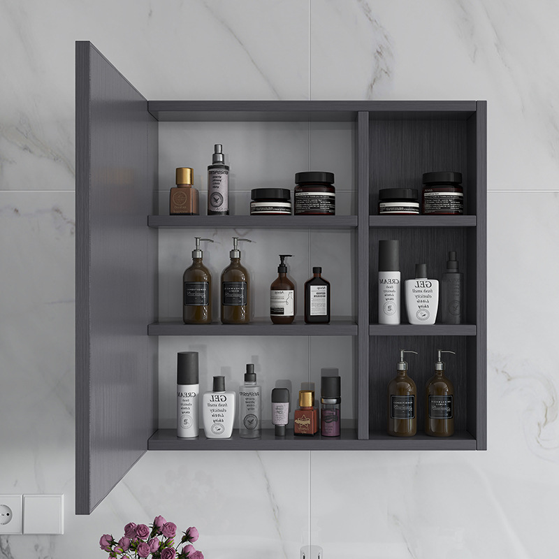 Armario de espejo de baño de lujo ligero simple con estante de almacenamiento espejo de baño caja de espejo de baño almacenamiento montado en la pared de fibra de carbono