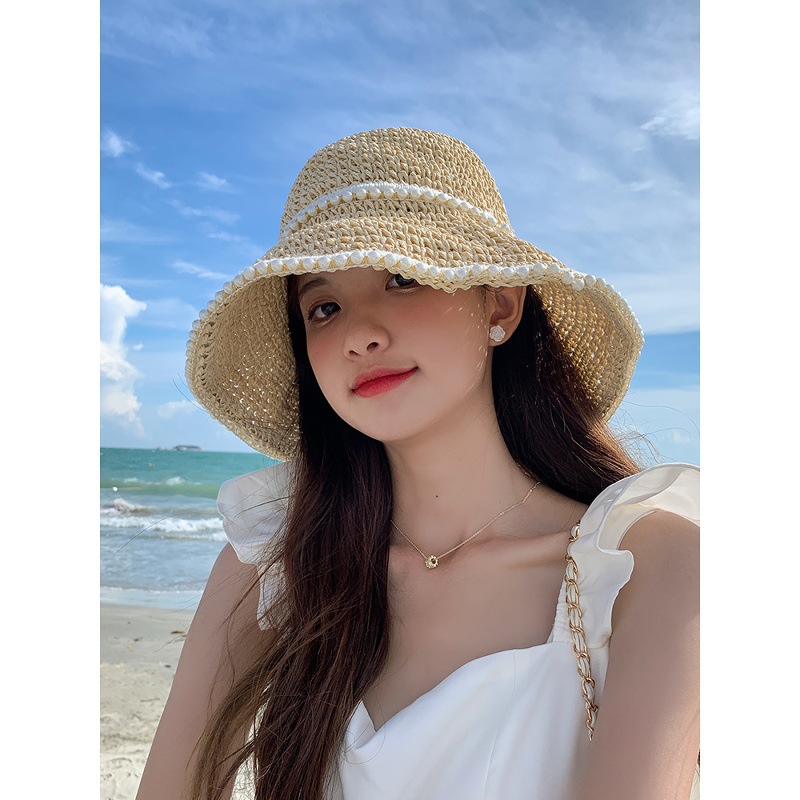 Hepburn Style Straw Sun Hat For Women Pearl Woven Beach Visor_voghion.com