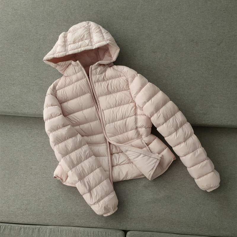 New winter collection: women's short, fitted, hooded, lightweight down jacket, perfect for petite figures, slimming effect, stylish ribbed design, solid color, trendy outerwear