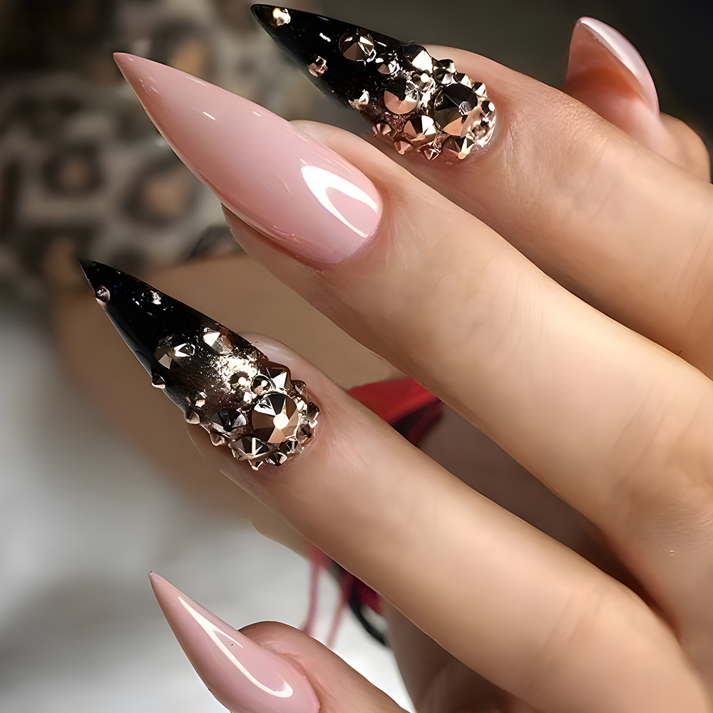 Uñas postizas europeas y americanas de moda, estilo sexy, piezas de uñas con diamantes de imitación en rosa y negro, uñas postizas largas a presión
