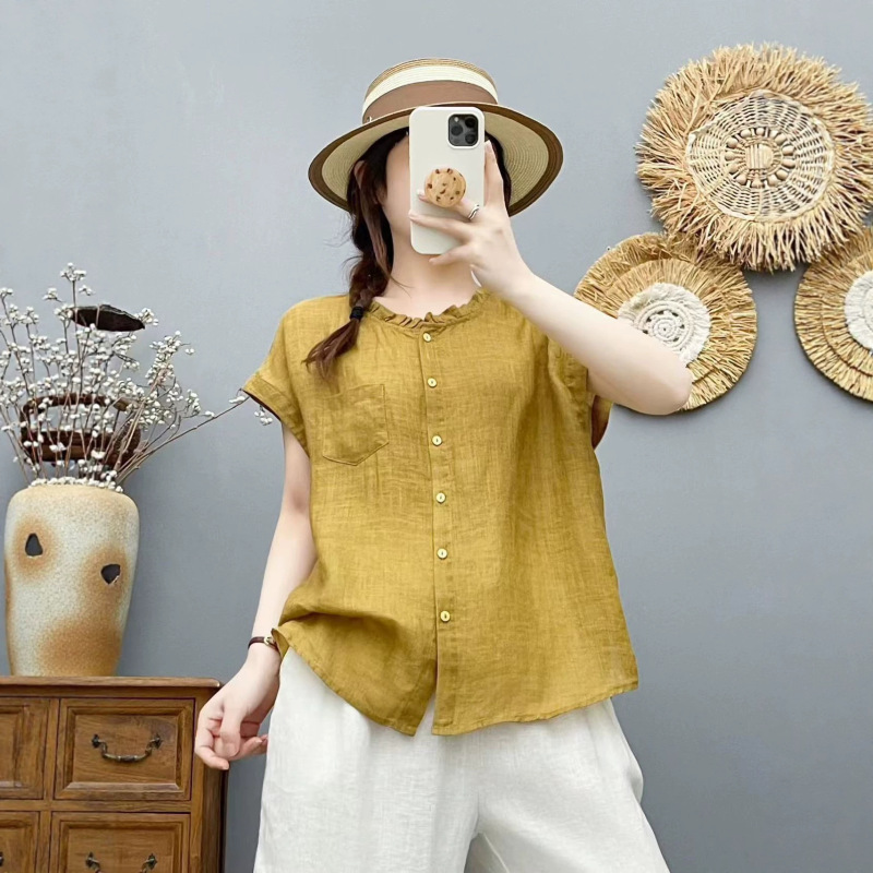 2026 Summer Women's Ramie Blouse with Ruffled Collar and Flutter Sleeves, Skin-Friendly Thin Shirt Top, New Loose-Fitting Thin Style