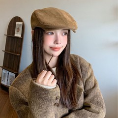 秋冬鹿皮绒前进帽女2025新款反戴贝雷帽时尚复古百搭报童画家帽子