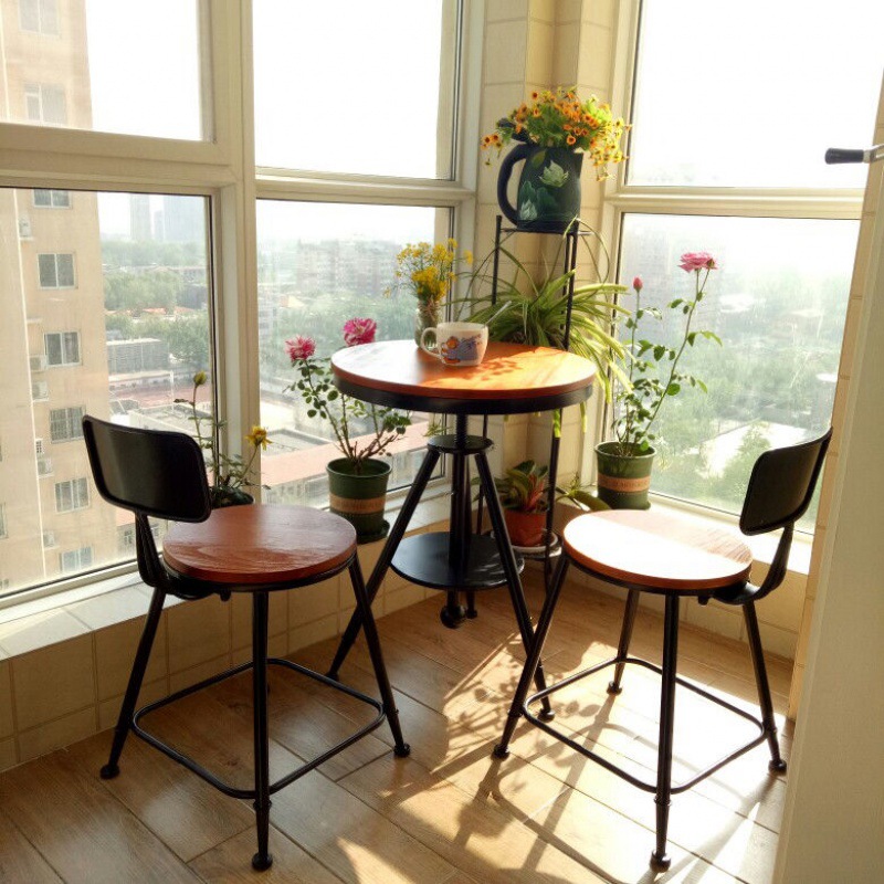 Iron art balcony Tables and chairs Three modern Simplicity outdoors solid wood Tea shop tea table combination