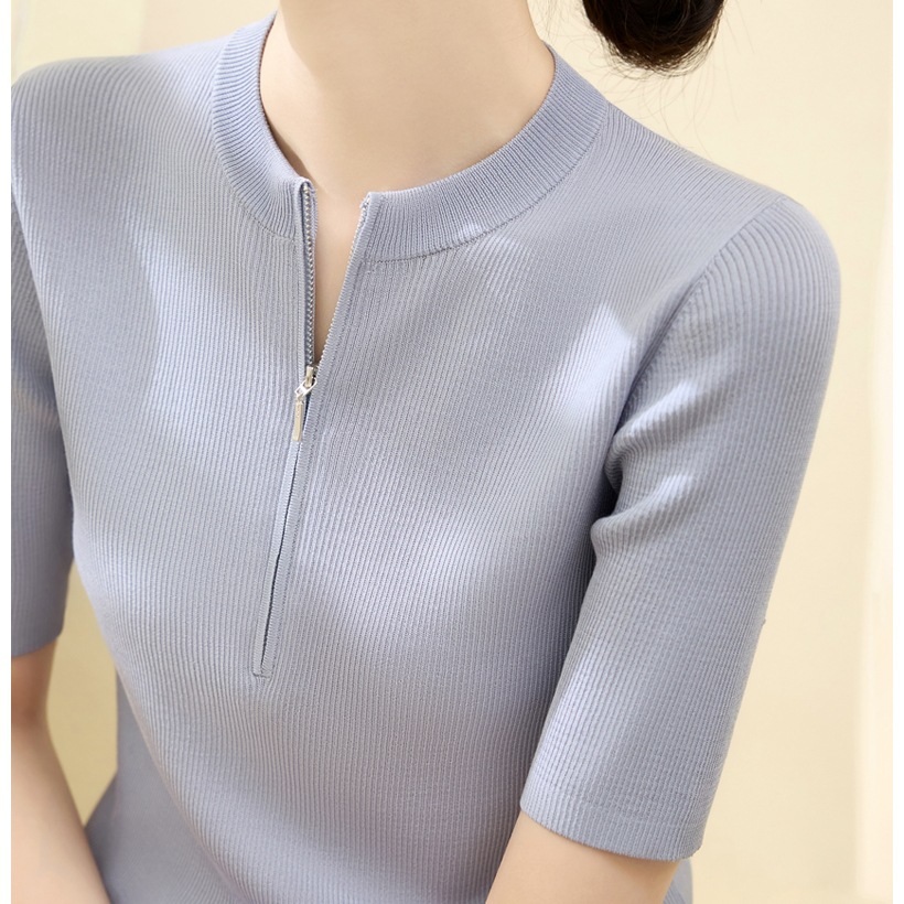 Summer knitted solid color design thin sweater with zipper