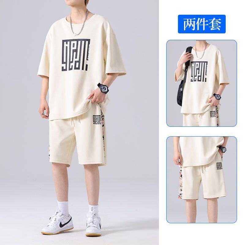 Conjunto esportivo masculino de verão, camiseta de manga curta e shorts, conjunto casual soltinho e estiloso.