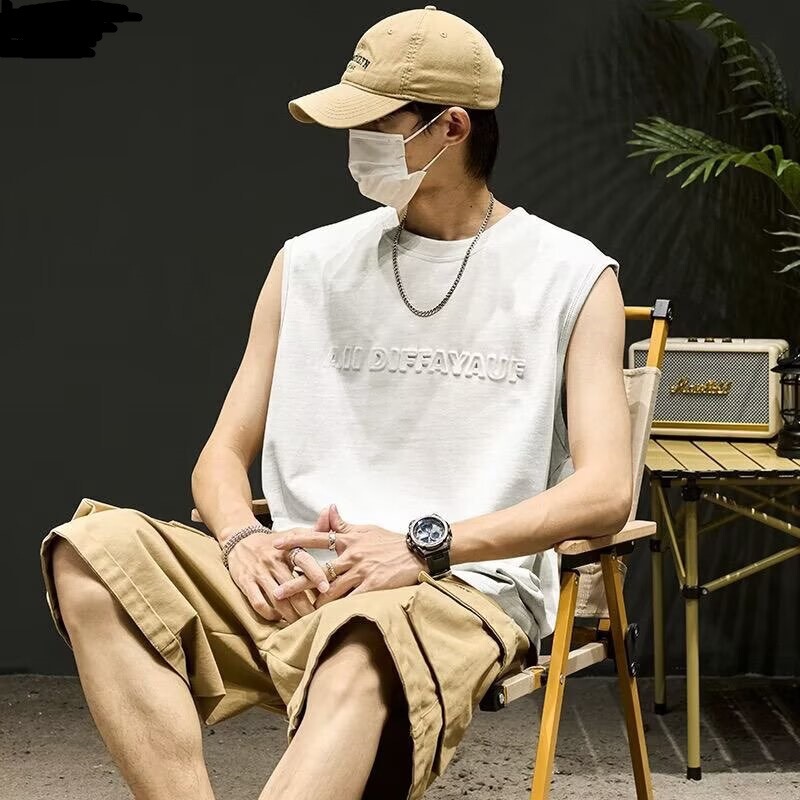 Sleeveless T-Shirt for Men, Trendy Japanese Style, Simple Wide-Shoulder Cut-Sleeve Design, Summer Loose Casual Sports Tank Top Men's Clothing