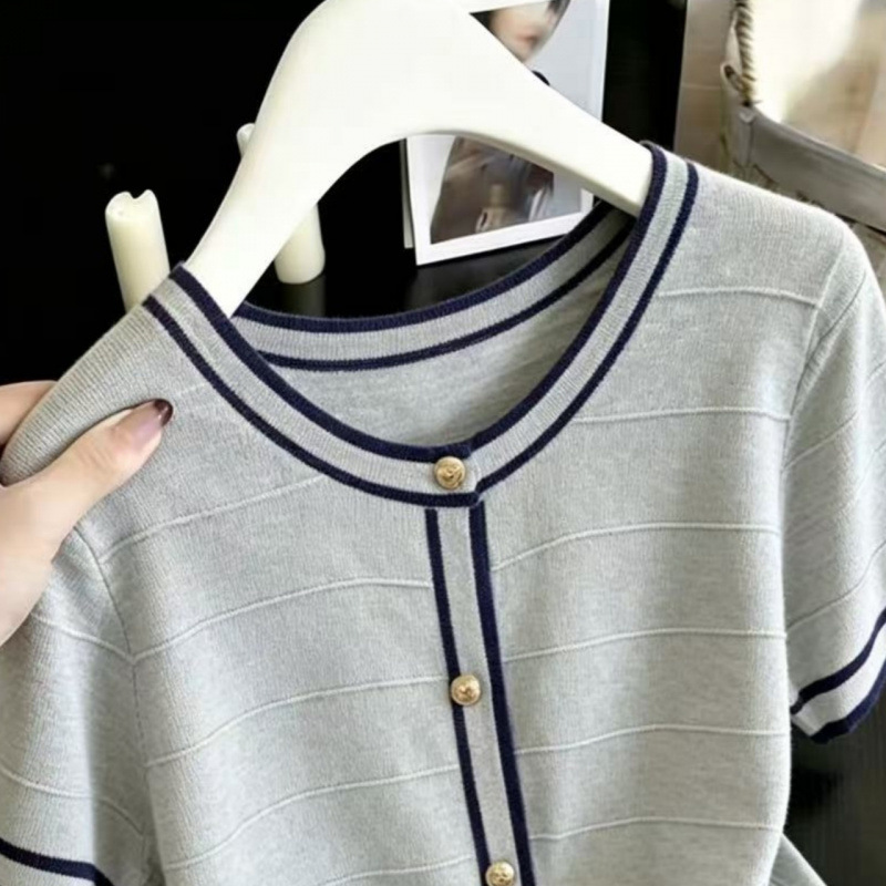 Women's Clothing Summer French Style Women's Knit T-Shirt Round Neck Ice Silk Real Photos_ecoleips.com