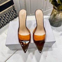 小さなポインテッドトゥ透明フィルム浅い口セクシーなスティレットサンダル 2025 新しいミュールファッションキャットウォークサンダルパンプス