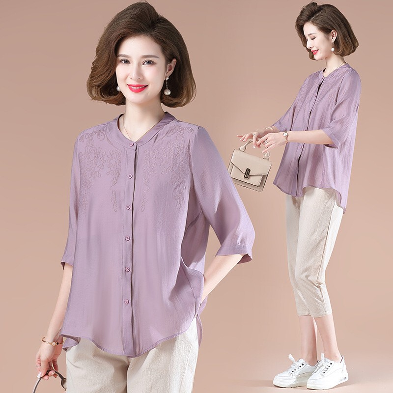 Mom's Summer Short-Sleeved Top Suit, Stylish 2026 New Style, Middle-Aged and Elderly Women's Summer Three-Quarter Sleeve Cotton Silk Shirt