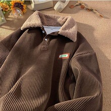 E 59104 Fleece Lined Corduroy Polo Collar Sweatshirt ��о�q