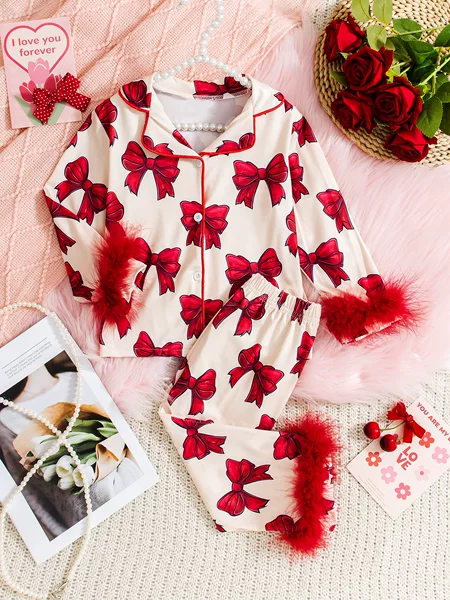 Foreign Trade Girls' Fashion Set with Printed Long Top with Bow Collar and Long Pants, Comfortable Pajamas, Direct from Manufacturer