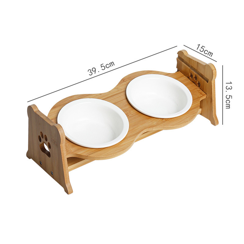 Protector de cuello ajustable de madera para gatos, tazón doble, estante para tazón de cerámica para gatos, estante para tazón para perros anti-volcado