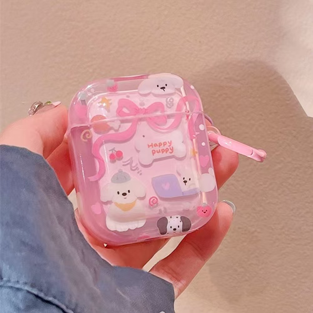 Nueva moda creativa Cinta rosa Puppy i12 Funda protectora para auriculares TPU Estuche blando anticaídas Estuche de transporte personalizado