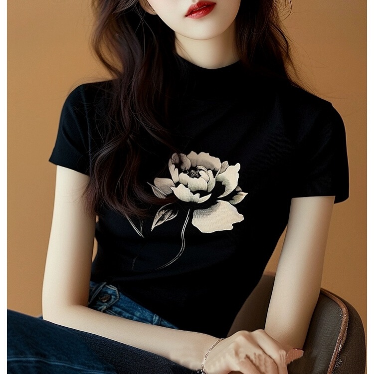 Shopping Mall Withdraws Cabinet Rose Flower T-Shirt 2025 Black Ice Silk Short-sleeved Top European Goods Western Style Chanel Style Inner Wear Shopping Mall Withdraws Cabinet Rose Flower T-Shirt 2025 Black Ice Silk Short-sleeved Top European Goods Western Style Chanel Style Inner Wear