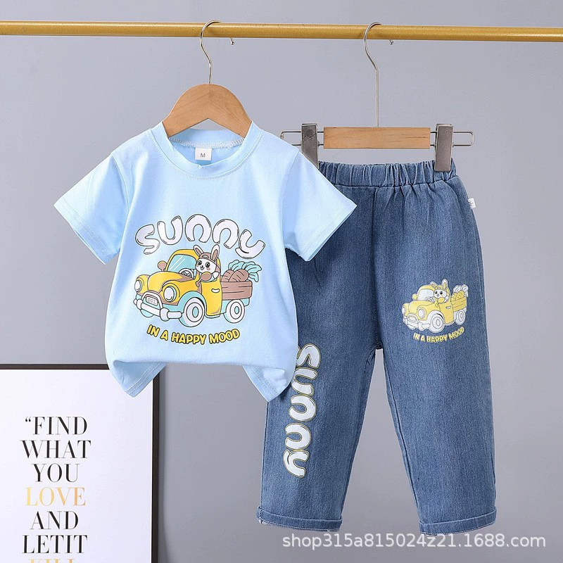 Летний детский denim комплект, мультяшные джинсы, с коротким рукавом, комплект из 2 предметов, 0-5 лет