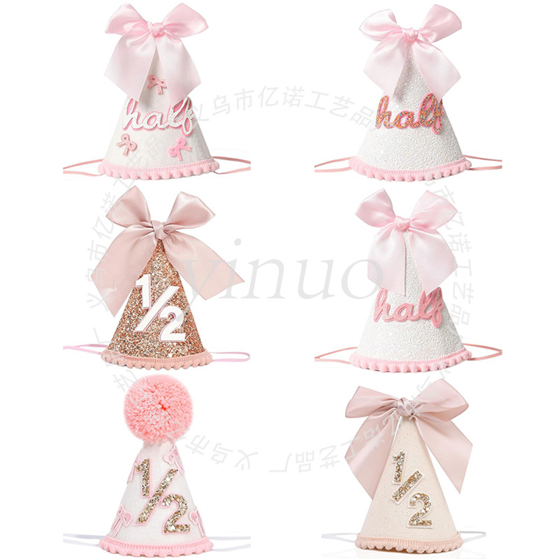 Baby Birthday Hat Cute Bow Half Year Old Fur Ball Hat Girl Pink Bow Birthday Party Decoration Hat