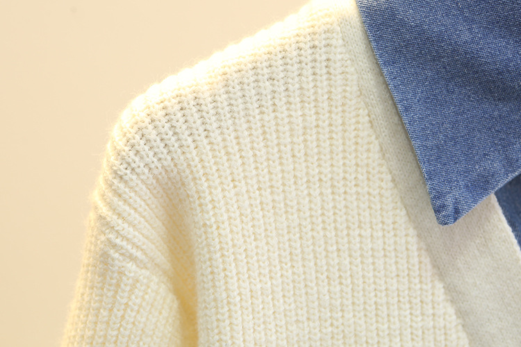 Cárdigan de dos piezas falso bordado de estilo francés para mujer de talla grande, diseño patchwork de mezclilla con lazo, prenda exterior de moda de otoño_voghion.com