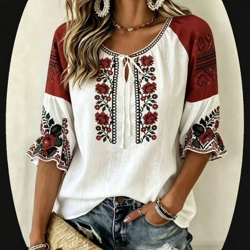 Dropshipping Cross-Border Women's Summer Tops, Unique V-Neck Tie-Up Design, Non-Replicated Styles, Exquisite Half-Sleeve with Elastic Dropshipping Cross-Border Women's Summer Tops, Unique V-Neck Tie-Up Design, Non-Replicated Styles, Exquisite Half-Sleeve with Elastic