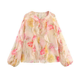 2025欧美风夏女装长袖花朵印花半透明衬衫 710