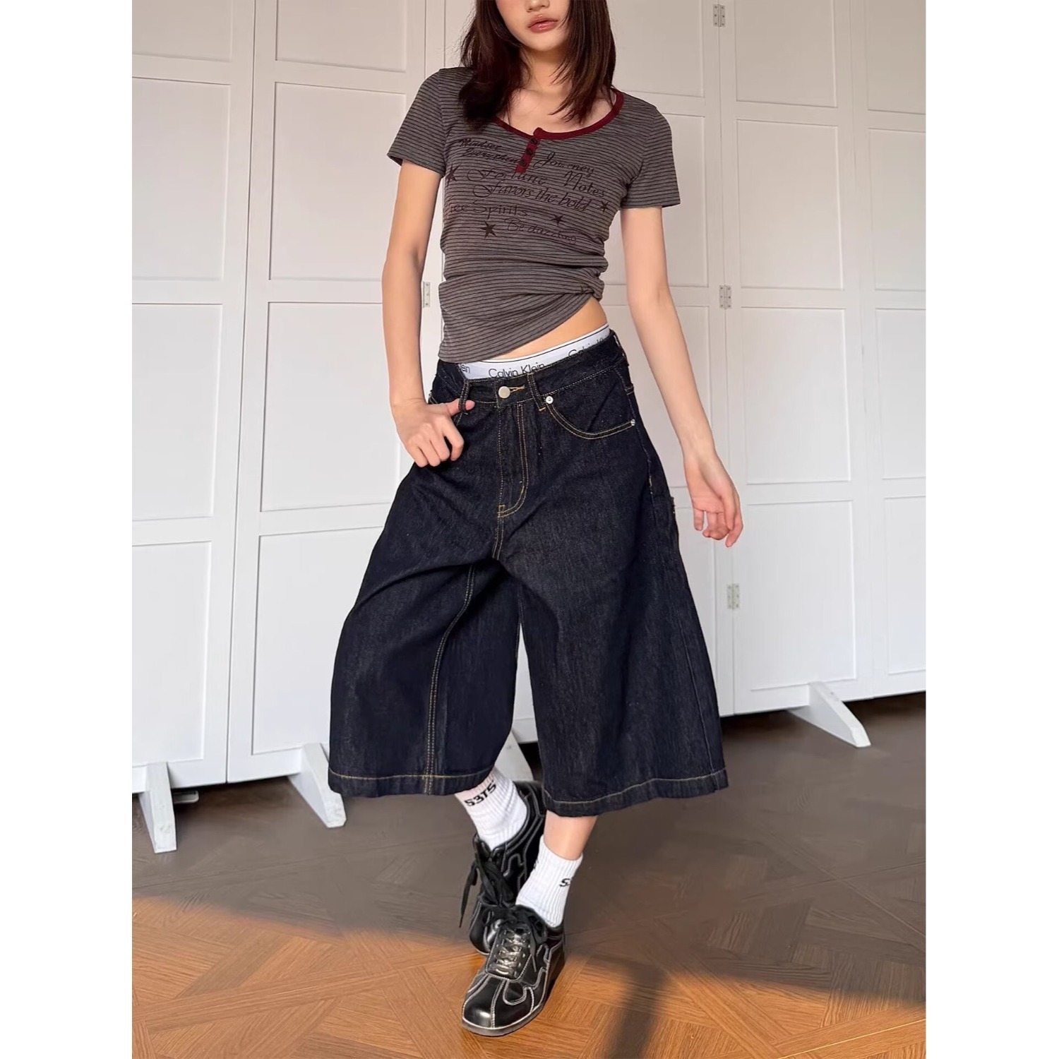 American Retro High Street Style Loose and Casual Straight-Leg Denim Shorts for Men and Women, Loose-Fitting Slimming Wide-Leg Cropped Pants