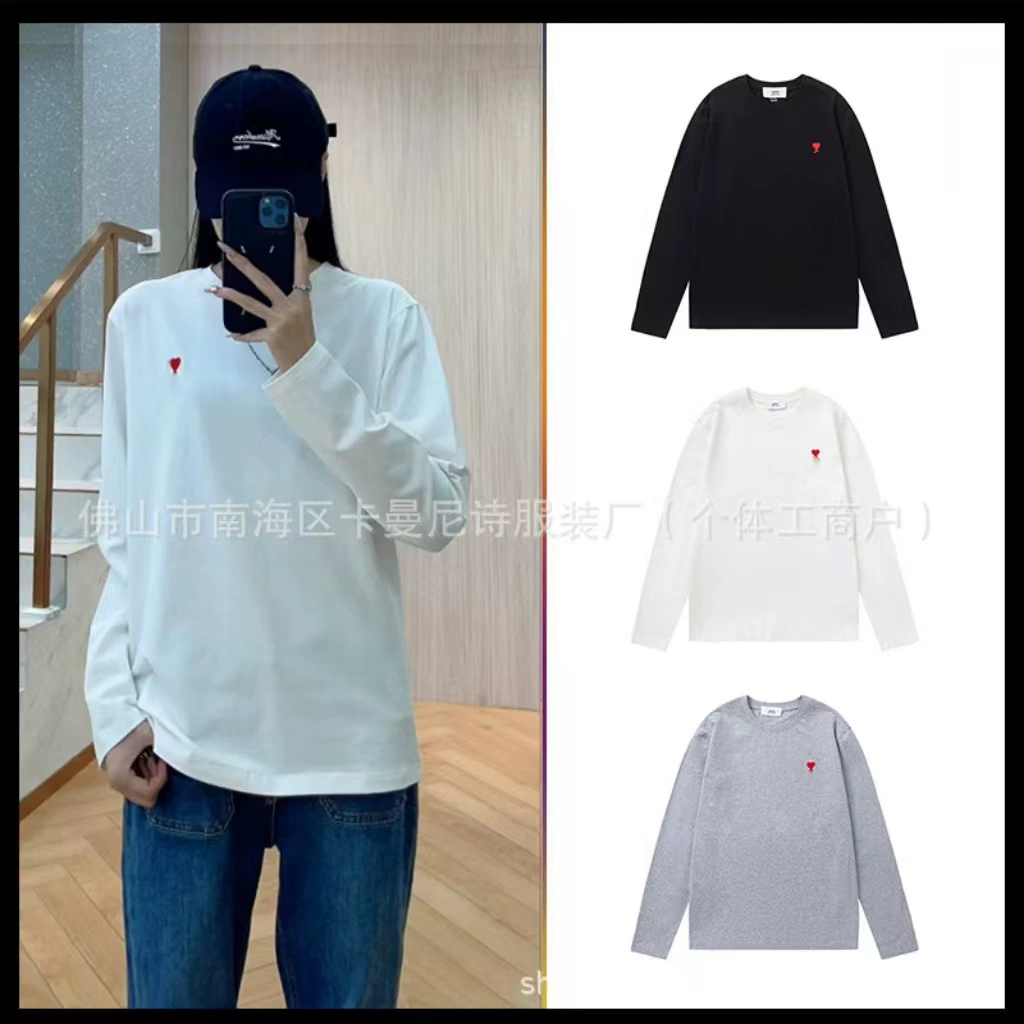 Tide бренд AM * футболка с длинными рукавами маленькая любящая хлопчатобумажная вышивка с круглым вырезом нижняя рубашка повседневная свободная пара для мужчин и женщин
