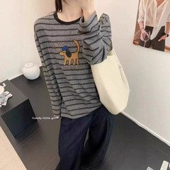 韩系秋冬新款条纹撞色慵懒风长袖T恤女2025宽松显瘦打底衫上衣潮