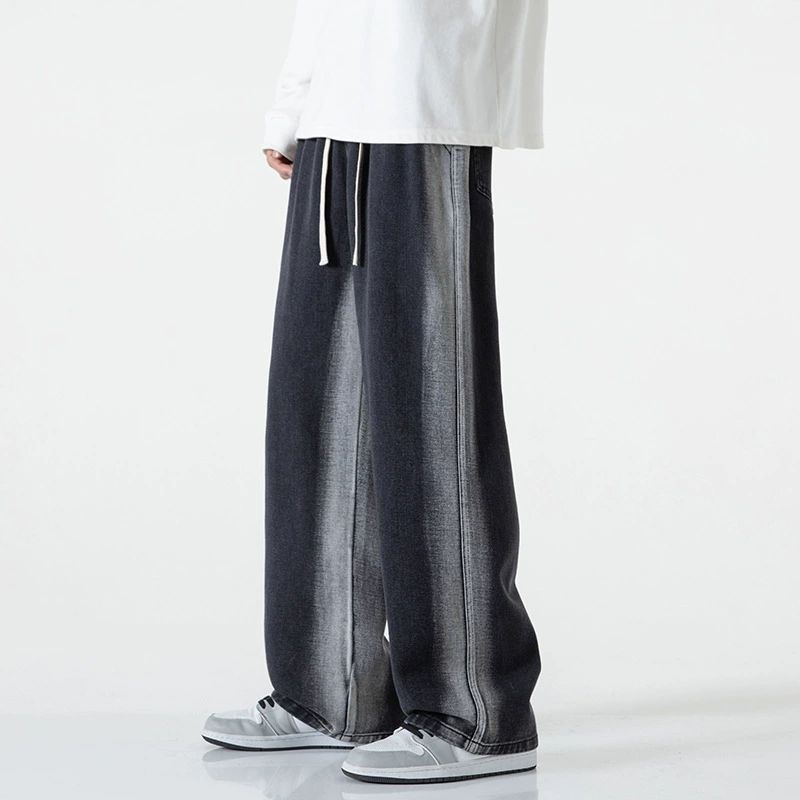 Мужские джинсы свободного кроя с эластичной резинкой, в стиле Гонконг, с эффектом потертости, длинные до пола, для весны и осени, с ручной росписью, повседневные, универсальные