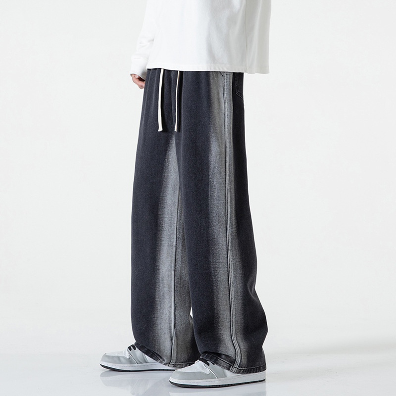 Loose Straight-Leg Jeans with Elastic Waistband, Hong Kong Style Washed Floor-Length Pants, Spring and Autumn Men's Hand-Painted Craftsmanship Versatile Thin Style Loose Straight-Leg Jeans with Elastic Waistband, Hong Kong Style Washed Floor-Length Pants, Spring and Autumn Men's Hand-Painted Craftsmanship Versatile Thin Style