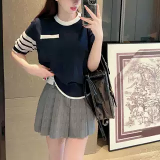 Tb夏季新款学院风四道杠撞色减龄短袖圆领针织衫T恤女半袖打底衫