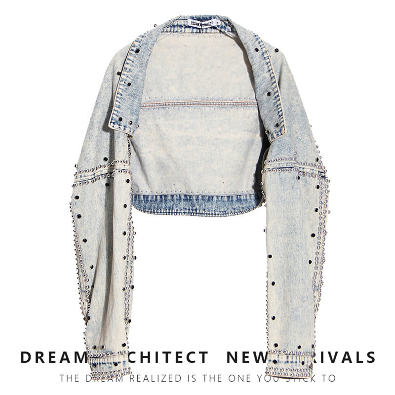 Shawl Style Denim Jacket for Women 2025 Spring New Short Jacket Loose Long-Sleeved Heavy Industry Studded Thin Denim Top